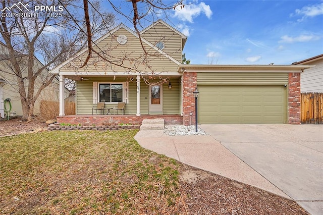 view of front of home featuring fence, covered porch, concrete driveway, a garage, and brick siding