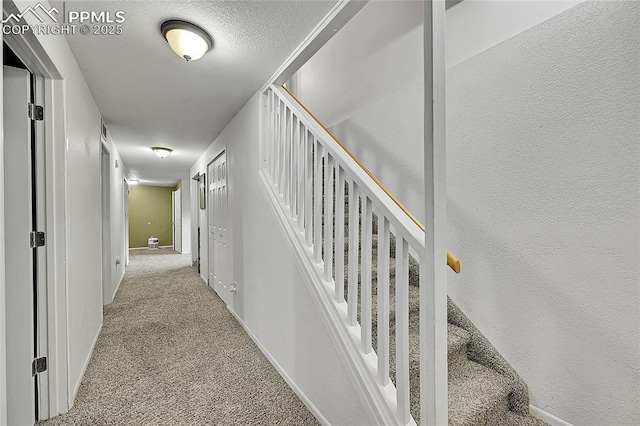 hallway featuring baseboards, carpet, and a textured wall