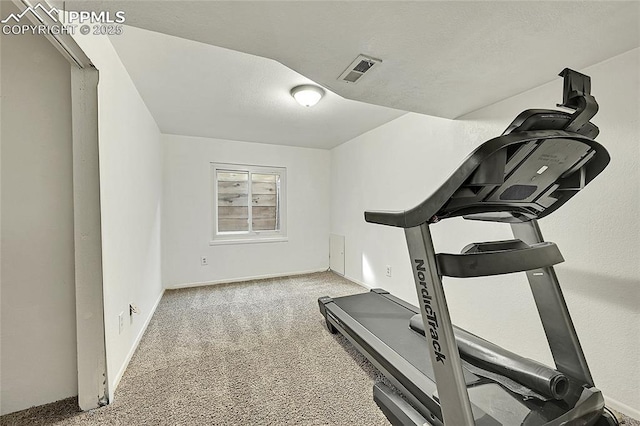 workout area featuring baseboards, visible vents, carpet floors, and a textured ceiling