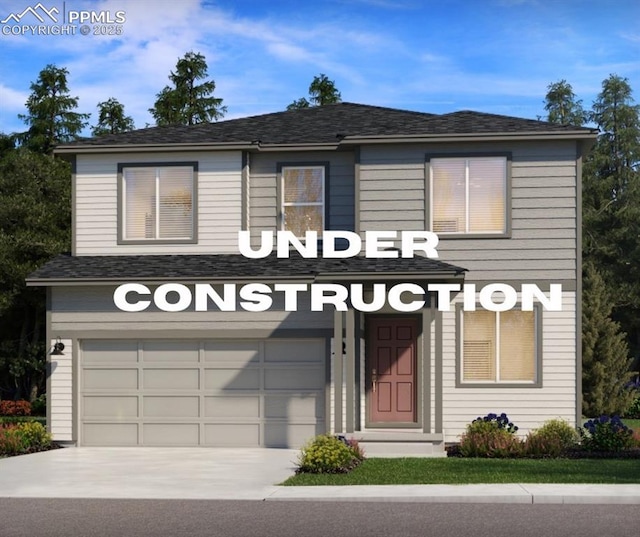 view of front of house featuring a garage, driveway, and a shingled roof