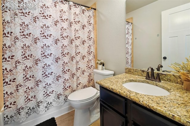 bathroom with vanity, tile patterned flooring, toilet, and shower / bathtub combination with curtain