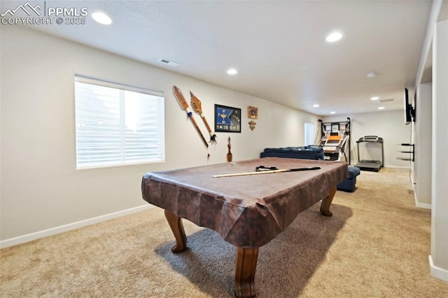 rec room with pool table, recessed lighting, baseboards, and light colored carpet