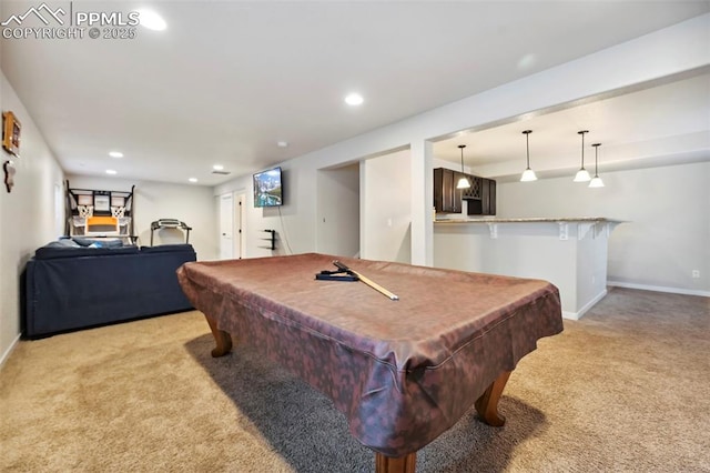 recreation room featuring a dry bar, billiards, baseboards, light colored carpet, and recessed lighting