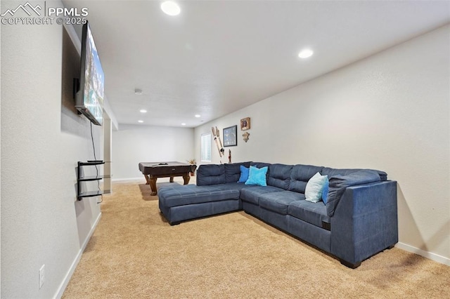 carpeted living room featuring billiards, baseboards, and recessed lighting