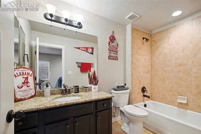 full bathroom with toilet, shower / bathtub combination, visible vents, and vanity