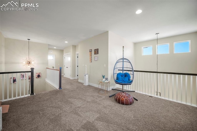 game room featuring recessed lighting, baseboards, and carpet flooring