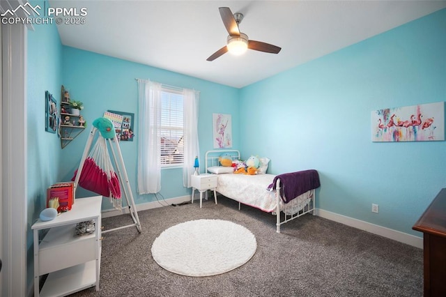 bedroom with baseboards, ceiling fan, and carpet flooring