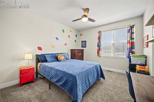 bedroom featuring baseboards, carpet, and a ceiling fan