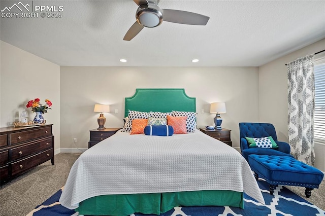 carpeted bedroom featuring recessed lighting, a ceiling fan, baseboards, and a textured ceiling