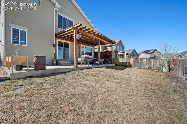 view of yard featuring a patio area, a residential view, entry steps, and a fenced backyard