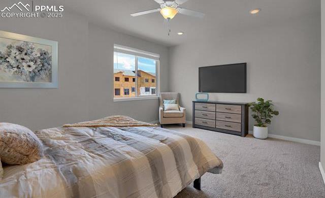 bedroom with a ceiling fan, recessed lighting, carpet, and baseboards