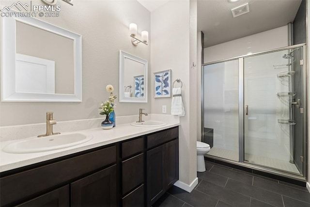 full bathroom featuring a sink, visible vents, a stall shower, and tile patterned flooring