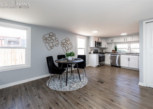 dining space with dark wood-type flooring, plenty of natural light, and baseboards