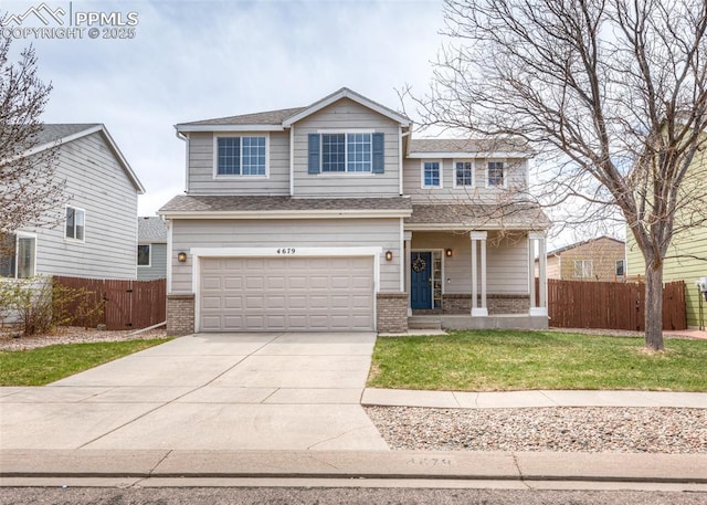 4679 Canyon Wren Ln, Colorado Springs, CO 80916 - view of front facade with brick siding, concrete driveway, an attached garage, a shingled roof, and covered porch