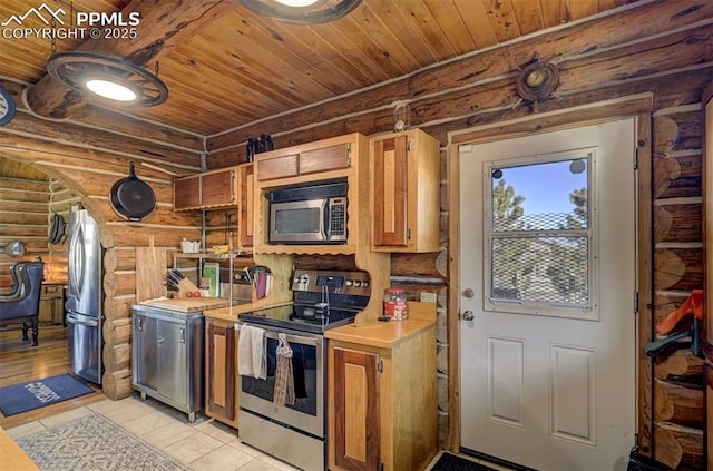 kitchen featuring stainless steel appliances, wood ceiling, and light countertops