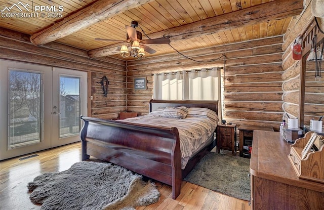 bedroom with visible vents, wooden ceiling, access to exterior, french doors, and light wood-style floors