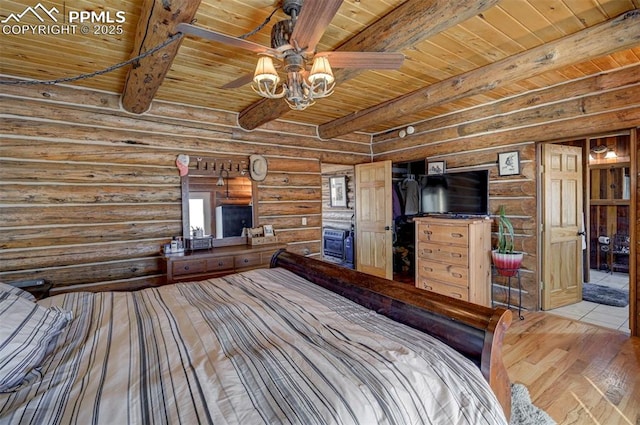 unfurnished bedroom featuring beam ceiling, wooden ceiling, wood-type flooring, and rustic walls