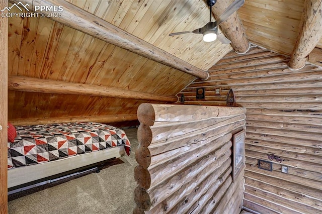 bedroom with lofted ceiling with beams, wooden ceiling, carpet flooring, a ceiling fan, and log walls