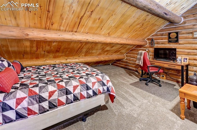 bedroom with vaulted ceiling with beams, rustic walls, wood ceiling, and carpet flooring