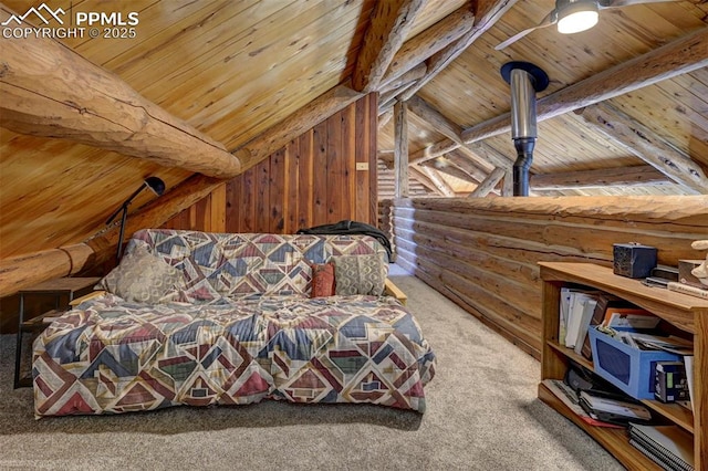 carpeted bedroom featuring wooden ceiling, vaulted ceiling with beams, and log walls