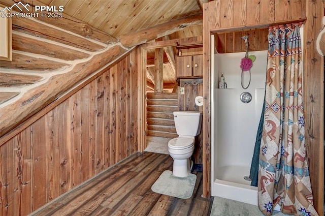 bathroom featuring toilet, wood ceiling, wood finished floors, log walls, and a shower stall