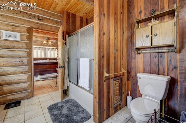 full bath with rustic walls, toilet, wooden ceiling, enclosed tub / shower combo, and tile patterned floors