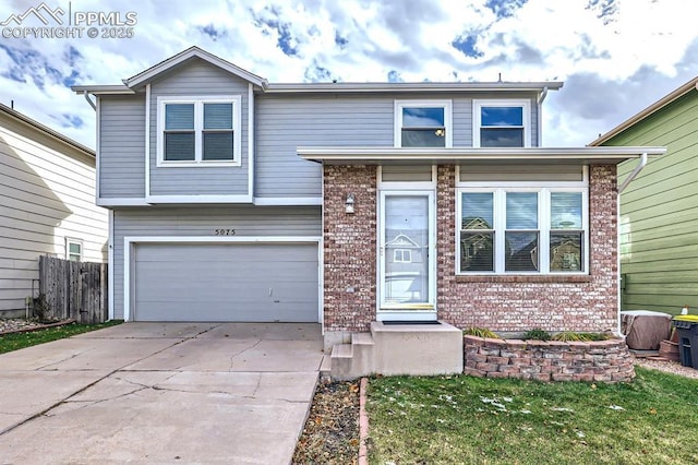 view of front of property featuring concrete driveway, brick siding, fence, and an attached garage