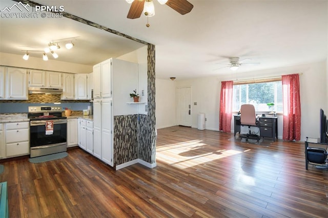 kitchen with under cabinet range hood, white cabinets, and stainless steel electric stove