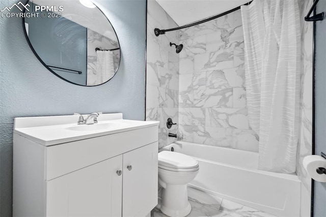 bathroom with marble finish floor, a textured wall, toilet, shower / bath combo, and vanity