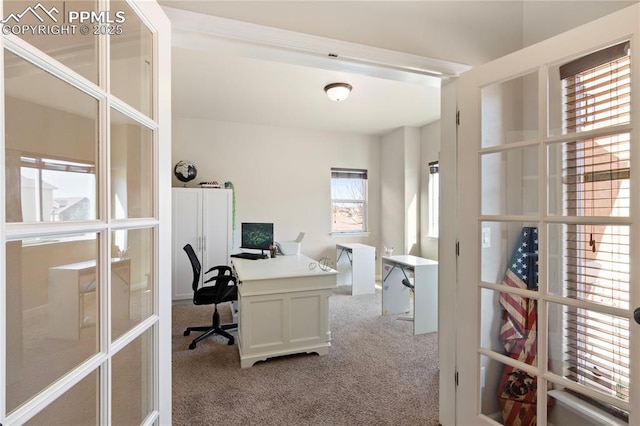 office space with carpet and french doors