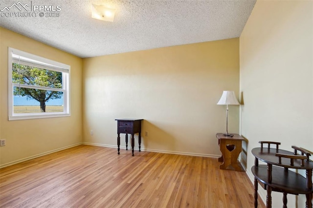 interior space featuring a textured ceiling, baseboards, and wood finished floors