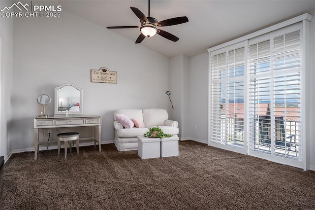 living area featuring carpet floors, lofted ceiling, ceiling fan, and baseboards