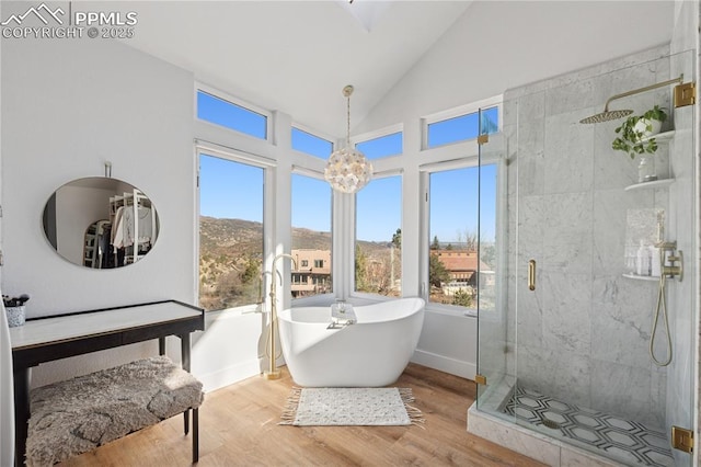 full bath featuring a notable chandelier, a shower stall, a freestanding bath, and wood finished floors