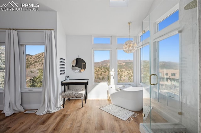 interior space featuring a wealth of natural light, a notable chandelier, and wood finished floors