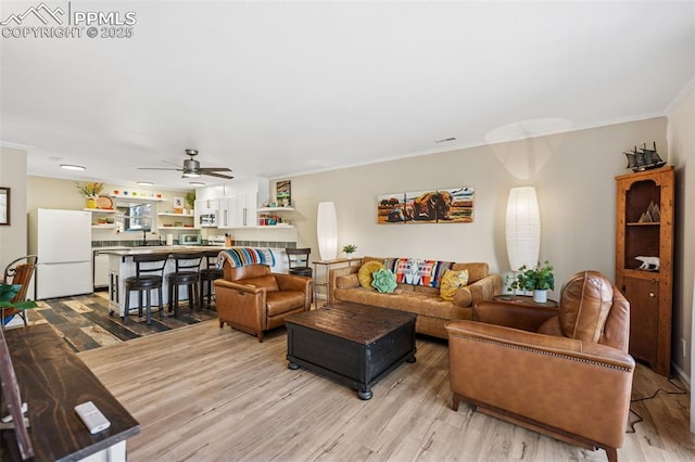 living room featuring a ceiling fan, light wood-type flooring, and crown molding