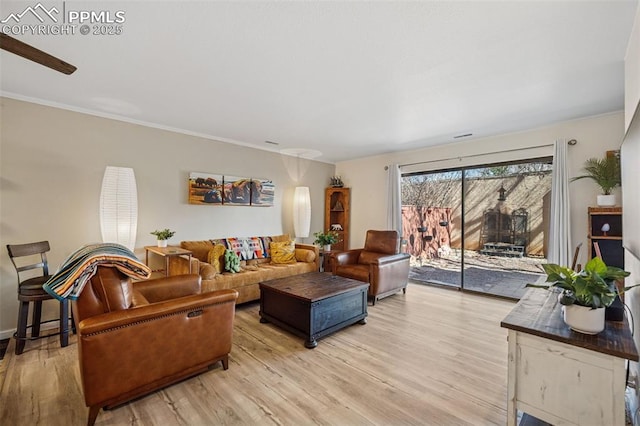 living area featuring light wood finished floors and ornamental molding