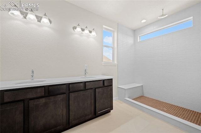 bathroom with a tile shower and a sink