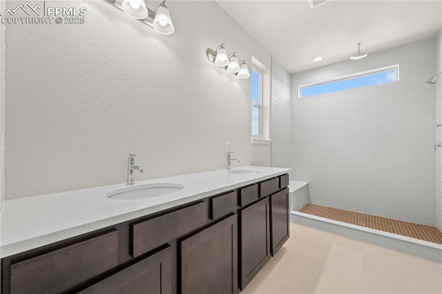 full bath featuring a sink, a tile shower, and double vanity