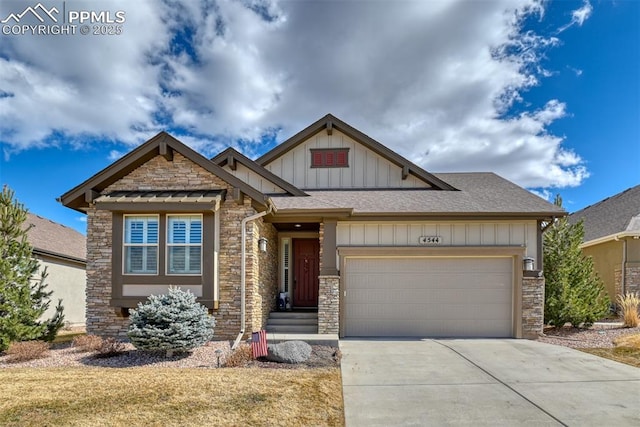 craftsman-style home with a garage, stone siding, concrete driveway, roof with shingles, and board and batten siding