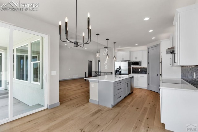 kitchen featuring light wood finished floors, appliances with stainless steel finishes, under cabinet range hood, white cabinetry, and backsplash