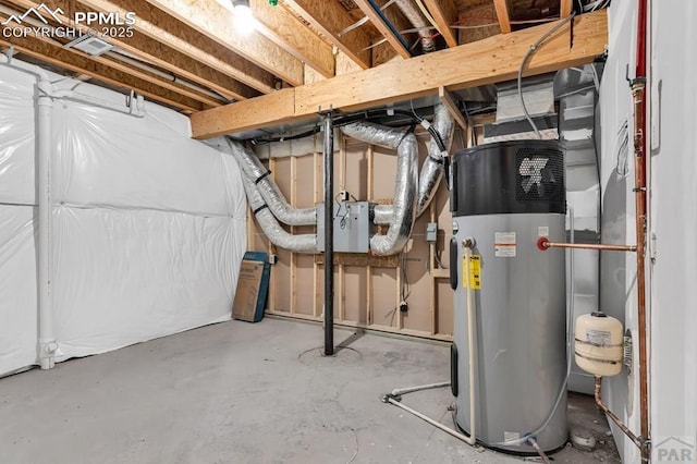 unfinished basement featuring water heater