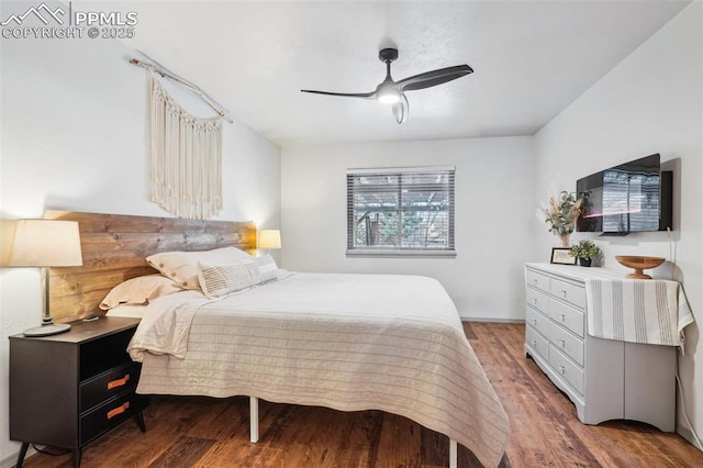 bedroom with light wood-style floors and ceiling fan