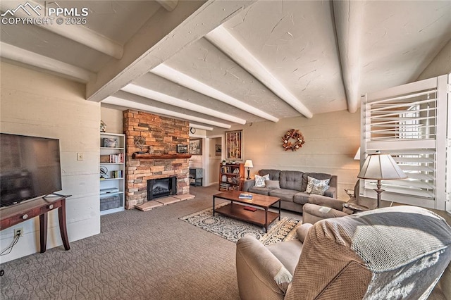 living room featuring carpet, a fireplace, and beam ceiling