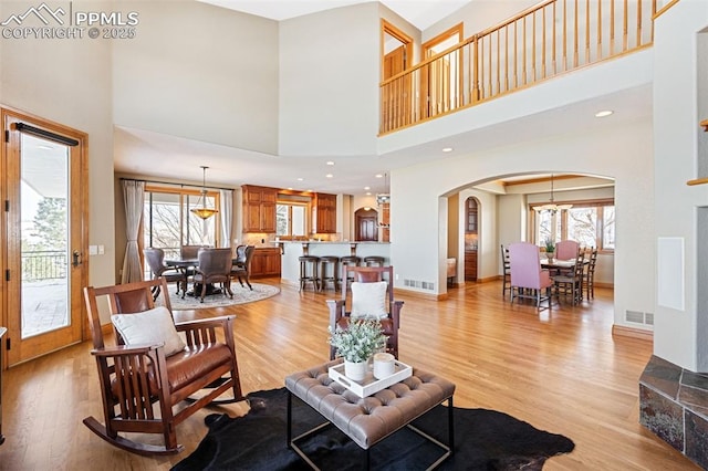 living area with a healthy amount of sunlight, visible vents, and light wood finished floors