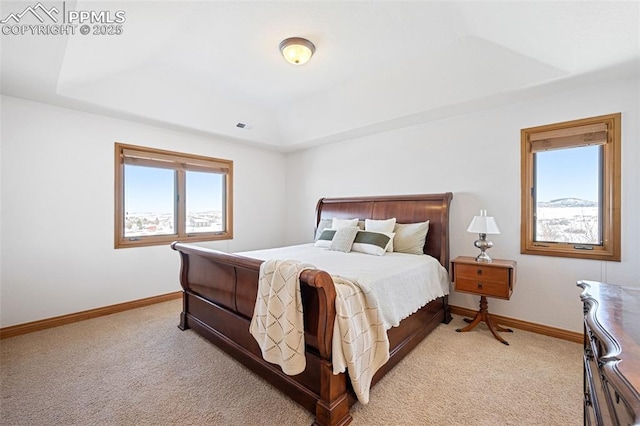 bedroom featuring visible vents, baseboards, a raised ceiling, and light colored carpet