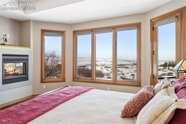 bedroom featuring baseboards and a multi sided fireplace