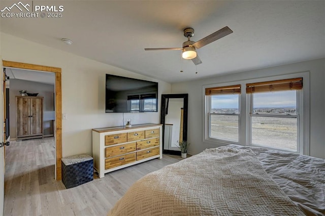 bedroom with ceiling fan and wood finished floors