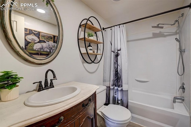 full bath featuring toilet, shower / bathtub combination with curtain, and vanity