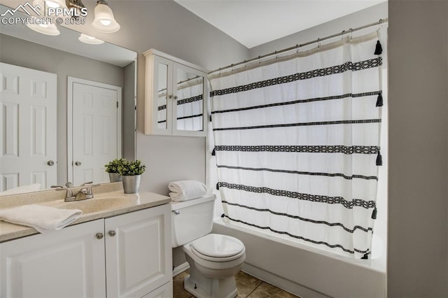 full bathroom featuring shower / tub combo with curtain, vanity, toilet, and tile patterned floors