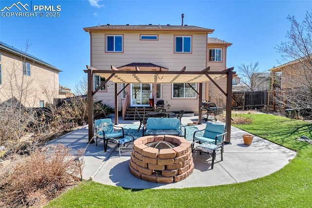 back of house featuring a patio, a fire pit, fence, a lawn, and a pergola